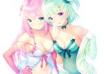  2girls bangs bare_shoulders blue_eyes blush breasts choker cleavage collarbone dress ears elbow_gloves eyebrows_visible_through_hair gloves green_dress green_hair green_scrunchie hair_ornament hair_ribbon hair_scrunchie hairclip jacket large_breasts long_hair looking_at_viewer midriff multiple_girls navel open_mouth original pink_gloves pink_hair purple_eyes ribbon ribbon_choker scrunchie short_hair sleeves_past_wrists smile stomach strap zizi_(zz22) 