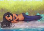 black_hair blue_clothing bottomless clothed clothing echa4797 hair hi_res looking_at_viewer lying marine merfolk navel on_side solo topwear water young 
