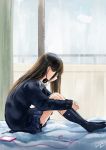  1girl black_hair black_legwear cellphone closed_eyes curtains highres indoors kazuharu_kina kneehighs original phone pleated_skirt school_uniform sitting skirt smartphone solo window 