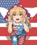  1girl american_flag american_flag_dress american_flag_legwear blonde_hair clownpiece double_v dress fairy_wings hat jester_cap kachobi_(user_atuh5854) long_hair looking_at_viewer neck_ruff open_mouth pantyhose polka_dot purple_headwear red_eyes short_sleeves smile solo star_(symbol) star_print striped touhou v wings 