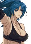  1girl armpits bangs bare_shoulders black_gloves blue_eyes blue_hair breasts cleavage covered_nipples earrings gloves jewelry large_breasts leona_heidern muscle muscular_female ponytail serious solo tank_top the_king_of_fighters the_king_of_fighters_xiii white_background yasunososaku 