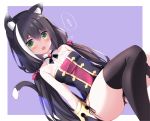  1girl animal_ear_fluff animal_ears bangs bare_shoulders black_hair black_legwear black_panties blush border cat_ears cat_girl cat_tail clip_studio_paint_(medium) commentary_request eyebrows_visible_through_hair fang flying_sweatdrops green_eyes hair_between_eyes hair_ribbon highres karyl_(princess_connect!) long_hair looking_at_viewer low_twintails multicolored_hair nanamomo_rio open_mouth panties pantyshot photoshop_(medium) princess_connect! princess_connect!_re:dive purple_background ribbon sidelocks simple_background skin_fang solo tail thighhighs translation_request twintails two-tone_hair underwear white_hair 