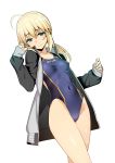  1girl ahoge artoria_pendragon_(all) bangs black_footwear blonde_hair blue_swimsuit breasts collarbone covered_navel fate/grand_order fate_(series) green_eyes grey_jacket highleg highleg_swimsuit highres jacket long_hair long_sleeves looking_at_viewer low_ponytail namonashi one-piece_swimsuit open_clothes open_jacket saber sidelocks simple_background small_breasts swimsuit thighs white_background 