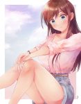  1girl absurdres bare_legs belt belt_buckle blue_eyes blush breasts brown_hair buckle buttons closed_mouth cloud collarbone denim denim_shorts earrings eyebrows_visible_through_hair hand_on_own_knee hands_together highres jewelry kanojo_okarishimasu large_breasts long_hair long_sleeves looking_at_viewer lygon mizuhara_chizuru outstretched_arms pink_shirt pocket shirt shorts sitting sky sleeves_rolled_up smile solo thighs watch wristwatch 