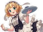  1girl :d animal_ears blonde_hair blue_eyes bunny_ears fleur_de_lapin_uniform frills gochuumon_wa_usagi_desu_ka? kirima_sharo looking_at_viewer maid_headdress open_mouth puffy_short_sleeves puffy_sleeves sayshownen short_hair short_sleeves smile solo standing tray waitress white_background wrist_cuffs 