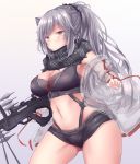  1girl animal_ears arknights bow_(weapon) breasts brown_eyes cleavage commentary_request crossbow crossbow_bolts gradient gradient_background grey_background highres jacket long_hair medium_breasts navel schwarz_(arknights) short_shorts shorts silver_hair solo thighs weapon yuuki_shuri 