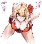  1girl 2020 ahoge blonde_hair bow braid breasts cleavage clip_studio_paint_(medium) collarbone dated eyebrows_visible_through_hair fate/grand_order fate_(series) graphite_(medium) green_eyes hair_bow hair_bun hair_intakes hands_on_hips large_breasts leaning_forward lips looking_at_viewer mechanical_pencil nero_claudius_(fate)_(all) nero_claudius_(swimsuit_caster)_(fate) pencil smile solo suga_leon swimsuit traditional_media type-moon 