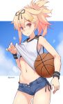  alternate_hairstyle basketball blonde_hair dan_(kumadan) gradient_hair hair_flaps hair_ornament hairclip highres kantai_collection long_hair multicolored_hair navel red_eyes remodel_(kantai_collection) shirt shirt_lift short_shorts shorts sleeveless sleeveless_shirt sports_bra sportswear wristband yuudachi_(kantai_collection) 