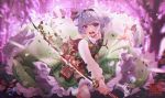  1girl bug butterfly daikazoku63 eyebrows_visible_through_hair hairband highres holding holding_sword holding_weapon insect katana konpaku_youmu long_sleeves looking_at_viewer open_mouth purple_eyes short_hair silver_hair solo sword teeth touhou weapon 
