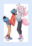  2girls animal_ears arms_behind_head arms_up black_legwear blue_eyes blue_hair blue_shorts brand_new_animal breasts fox_ears fox_girl fox_tail from_side full_body furry grey_shirt hands_in_pockets highres hiwatashi_nazuna hood hoodie jacket kagemori_michiru leaning_forward leggings legs long_hair multiple_girls open_mouth pink_hair raccoon_ears raccoon_girl raccoon_tail red_eyes red_jacket rumo shirt shoes short_hair short_shorts shorts simple_background smile sneakers tail track_jacket white_background white_footwear white_shirt 