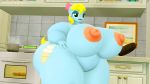  16:9 3d_(artwork) anthro big_breasts blonde_hair blue_body bow breasts cutie_mark digital_media_(artwork) equid equine fan_character female hair hasbro hi_res huge_breasts inside kitchen mammal my_little_pony nude obese oven overweight pinkierawr solo thick_thighs widescreen 