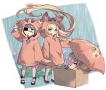  3girls animal_ears black_hair blonde_hair blush box cardboard_box commentary_request eyepatch fake_animal_ears flower granblue_fantasy hair_over_one_eye hydrangea loafers long_hair long_sleeves looking_at_viewer lunalu_(granblue_fantasy) mary_janes melissabelle miyashirorin multiple_girls nio_(granblue_fantasy) open_mouth purple_hair rain raincoat shoes smile standing tail umbrella vee_(granblue_fantasy) very_long_hair 