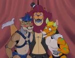  animatronic anthro blue_eyes bolts bottomwear clothing cougar curtains eyebrows fan_character felid feline gloves glowing glowing_eyes group handwear harness hat headgear headwear hi_res kiba24_(character) lion looking_at_viewer machine male mammal murid murine pantherine rat rattykai_(character) red_cheeks repzzmonster repzzmonster_(character) robot rodent smile stripes teeth top_hat underwear white_eyes wire yellow_eyes 