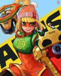  1girl arms_(game) bangs beanie bike_shorts blonde_hair blunt_bangs bob_cut chinese_clothes domino_mask dragon_(arms) facepaint fighting_stance green_eyes hat john_crayton legwear_under_shorts mask min_min_(arms) pantyhose ramram_(arms) short_hair shorts smile solo super_smash_bros. 