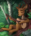  2020 acoustic_guitar against_tree anthro cervid clothing eyes_closed forest guitar hi_res mammal musical_instrument plucked_string_instrument scenery sitting smile solo string_instrument tree yakovlev-vad 