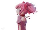  1girl 2020 arms_at_sides back backlighting bare_back choker close-up closed_mouth dated eyebrows_visible_through_hair eyes_visible_through_hair floating_hair frilled_sleeves frills hair_between_eyes hair_ribbon happy head_tilt heart-shaped_hole highres kaname_madoka looking_at_viewer looking_back mahou_shoujo_madoka_magica pink_eyes pink_hair pink_ribbon pink_theme puffy_short_sleeves puffy_sleeves red_choker red_neckwear ribbon ribbon_choker rilafm345 shaded_face shiny shiny_hair short_sleeves short_twintails shoulder_blades sidelocks simple_background smile solo twintails twitter_username upper_body white_background wind wind_lift 
