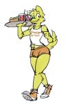 2020 anthro artbyyellowdog beverage black_nose blonde_hair bottomwear bulge canid canine canis cheek_tuft clothing domestic_dog eyelashes facial_tuft femboy_hooters food footwear fur girly hair holding_object holding_plate looking_at_viewer male mammal midriff navel shirt shoes shorts smile solo tank_top topwear tuft waiter walking yellow_body yellow_fur 