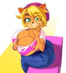  2020 5_fingers absurd_res activision anthro bandicoot beanie big_breasts big_butt blonde_hair borvar bottomwear breasts butt cleavage clothed clothing coco_bandicoot crash_bandicoot_(series) female fingers gesture green_eyes hair hat headgear headwear hi_res huge_breasts jeans looking_at_viewer mammal marsupial pants shirt short_hair signature sitting smile solo thick_thighs tight_bottomwear tight_clothing tight_jeans tight_pants topwear translucent translucent_hair v_sign video_games 
