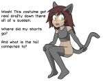  2019 absurd_res animal_humanoid armwear blush bodily_fluids bottomless breasts brown_hair cat_costume cat_humanoid clothed clothing concerned costume crop_top dialogue domestic_cat elbow_gloves english_text felid felid_humanoid feline feline_humanoid felis female frankenjade fur gloves green_eyes grey_body grey_clothing grey_fur hair handwear hi_res holding_tail human_to_humanoid humanoid legwear long_hair mammal mammal_humanoid shirt simple_background sitting solo sweat tan_body tan_skin text thigh_highs topwear white_background 