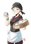  1girl apron arms_(game) automatic_giraffe bamboo_steamer bandana baozi black_headwear blonde_hair blush_stickers closed_eyes earrings eating food jewelry min_min_(arms) smile solo super_smash_bros. thick_eyebrows wristband 
