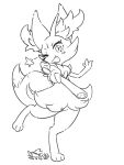  1girl animal_ear_fluff animal_ears artist_name blush braixen commentary_request dated fang fox_ears fox_tail full_body furry gen_6_pokemon greyscale hand_up happy highres holding leg_up light_blush lineart looking_at_viewer mizuki_kotora monochrome no_humans one_eye_closed open_mouth outstretched_arm paws pokemon pokemon_(creature) signature skin_fang smile solo standing standing_on_one_leg star_(symbol) stick tail transparent_background 
