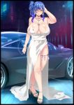  1girl areola_slip areolae armpits azur_lane backless_dress backless_outfit bag bangs bare_shoulders blood_rouge blue_hair blue_nails breasts brick_floor car cigarette cleavage condom_belt dress earrings evening_gown grey_dress ground_vehicle hair_between_eyes hair_ornament hairclip halter_dress handbag high_heels highres holding holding_cigarette jewelry large_breasts licking_lips long_dress looking_to_the_side motor_vehicle nail_polish night night_sky pink_eyes plunging_neckline revealing_clothes side_ponytail sidelocks silver_dress silver_footwear sky smoke st._louis_(azur_lane) st._louis_(luxurious_wheels)_(azur_lane) standing sweat thighlet thighs tongue tongue_out 