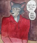  absurd_res anthro beastars canid canine canis clothing comic dialogue embarrassed english_text fur grey_body grey_fur hi_res holographic_consumer hoodie humor legoshi_(beastars) male mammal shy solo speech_bubble text topwear wolf y63367038 