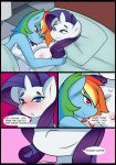  absurd_res anthro bed bed_sheet bedding big_breasts blush breasts caoscore comic cuddling dialogue duo equid equine female friendship_is_magic furniture hi_res horn mammal my_little_pony nipples nude pillow rainbow_dash_(mlp) rarity_(mlp) unicorn 