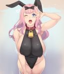  1girl animal_ears armpits bangs bare_shoulders black_bow black_swimsuit blue_eyes blunt_bangs bow breasts bunny_ears bunny_girl collar covered_nipples curvy eyebrows_visible_through_hair from_above fujiwara_chika huge_breasts kaguya-sama_wa_kokurasetai_~tensai-tachi_no_renai_zunousen~ lock long_hair metal_owl_(aden12) one_eye_closed open_mouth pink_hair sideboob sidelocks swimsuit thighs tongue tongue_out w 