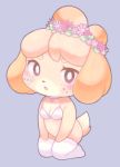  2020 accessory animal_crossing anthro blush bra brown_eyes canid canine canis circle_eyebrows clothing collar domestic_dog eyebrows female flower flower_crown flower_in_hair full-length_portrait fur grey_background hair hair_accessory isabelle_(animal_crossing) kneeling legwear looking_at_viewer mammal navel nintendo orange_ears plant portrait robo_(pixiv) shih_tzu simple_background solo sprinkles stockings tan_body tan_fur thigh_highs toy_dog underwear video_games white_clothing 