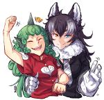  2girls absurdres animal_ears arm_around_waist arm_up artist_name bangs bare_arms black_hair blue_eyes breast_pocket buttons closed_eyes closed_mouth cloud_print collared_shirt crossover curly_hair facing_viewer fang fang_out fangs fur_collar gloves green_hair grey_hair grey_wolf_(kemono_friends) hands_up height_difference heterochromia highres horns jacket kariyushi_shirt kemono_friends komainu komano_aun long_hair looking_at_viewer motion_lines multicolored_hair multiple_girls necktie open_mouth orange_eyes plaid_neckwear pocket red_shirt shirt short_sleeves simple_background single_horn sleep_(isliping) smile touhou two-tone_hair upper_body white_background wolf_ears wolf_girl 