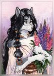  2020 amber_eyes anthro antiquity basket black_hair braided_hair breasts canid canine canis cleavage clothed clothing dress fantasy female flower fur grey_body grey_fur gudrun_(reikafox) hair jewelry lirietrai long_hair mammal nails necklace plant solo sundress tree white_body white_fur wolf 