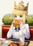  1girl absurdres artoria_pendragon_(all) blonde_hair booth brand_name_imitation burger_king commentary crown cup disposable_cup eating english_commentary fast_food fate/stay_night fate_(series) food french_fries green_eyes hamburger highres restaurant saber sasoura solo sparkle table tray whopper 