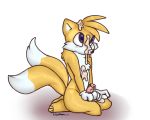  anthro blue_eyes bodily_fluids canid canine cum ejaculation fox fur genital_fluids genitals lionmom male mammal miles_prower multicolored_body penis small_penis solo sonic_the_hedgehog_(series) white_body white_fur yellow_body yellow_fur 