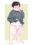  1boy adjusting_eyewear barefoot blush fat feet full_body fundoshi glasses highres hood hoodie japanese_clothes looking_at_viewer original purple_hair red_eyes shirt shirt_lift tanaka_(tanakasunsun) underwear white_briefs 