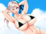  1girl armpits arms_behind_head arms_up asymmetrical_hair bangs bare_shoulders bikini black_bikini blue_eyes blue_sky blush breasts bun_cover cleavage collarbone fate/grand_order fate_(series) grey_hair hair_bun hair_ribbon hayama_kazusa large_breasts long_hair looking_at_viewer miyamoto_musashi_(fate/grand_order) miyamoto_musashi_(swimsuit_berserker)_(fate) navel one_eye_closed open_mouth ribbon side_bun sky smile swept_bangs swimsuit 