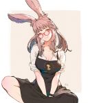  1girl animal_ears apron between_legs bracelet breasts bunny_ears cleavage final_fantasy final_fantasy_xiv flower glasses hair_flower hair_ornament hand_between_legs highres indian_style jewelry kuroimori pink_eyes pink_hair red-framed_eyewear sitting sleeves_rolled_up solo unbuttoned unbuttoned_shirt viera 