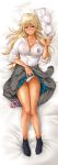  1girl absurdres blonde_hair bra bra_removed brass_knuckles cardigan commentary_request copyright_request dakimakura feet highres long_hair nipples okumori_boy panties pleated_skirt red_eyes school_uniform see-through serafuku skirt smile socks sweater underwear uniform weapon 