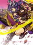  1girl belt boots breasts cleavage coin eyepatch faceless faceless_male fingerless_gloves fire_emblem fire_emblem:_new_mystery_of_the_emblem fire_emblem_cipher gloves hiroaki_(kof) long_hair malice_(fire_emblem) midriff navel official_art purple_hair solo sword teeth weapon 