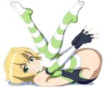  1girl akatsuki_kirika blonde_hair breasts elbow_gloves folded full_body gloves green_eyes green_leotard knees_on_chest legs_up leotard looking_at_viewer lying medium_breasts nanowise on_back parted_lips senki_zesshou_symphogear shiny shiny_hair shiny_skin smile solo striped striped_legwear teeth 