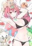  1girl armpits arms_up bangs bare_shoulders bikini black_bikini blush breasts cameltoe closed_mouth collarbone cowboy_shot crossover daive earrings eyebrows_visible_through_hair fletchling gen_1_pokemon gen_5_pokemon gen_6_pokemon gen_7_pokemon gen_8_pokemon groin hair_between_eyes homura_(xenoblade_2) jewelry kubfu large_breasts legendary_pokemon looking_at_viewer navel on_head petilil poke_ball poke_ball_(generic) pokemon pokemon_(creature) pokemon_on_head porygon red_eyes red_hair rockruff short_hair side-tie_bikini skindentation smile swimsuit tiara underboob venipede xenoblade_(series) xenoblade_2 