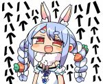  1girl :d animal_ear_fluff animal_ears arrow_(symbol) bangs blue_hair blush_stickers bow braid brown_eyes bunny_ears carrot_hair_ornament chibi commentary_request detached_sleeves dress eyebrows_visible_through_hair food_themed_hair_ornament hair_bow hair_ornament hololive kanikama looking_at_viewer lowres open_mouth puffy_short_sleeves puffy_sleeves short_eyebrows short_sleeves simple_background smile solo strapless strapless_dress thick_eyebrows translation_request twin_braids twintails upper_body upper_teeth usada_pekora virtual_youtuber white_background white_bow white_dress white_hair white_sleeves 