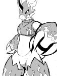  3:4 anthro armor black_pupils clothed clothing digimon digimon_(species) featureless_crotch flamedramon headgear looking_at_viewer simple_background solo white_background winick-lim 