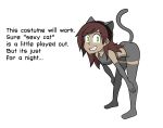  2019 absurd_res armwear bent_over bottomwear breasts brown_hair cat_costume clothed clothing costume crop_top dialogue elbow_gloves english_text fake_cat_ears fake_ears fake_tail female frankenjade fully_clothed gloves green_eyes grey_clothing hair handwear hi_res human human_only legwear long_hair looking_at_viewer mammal not_furry shirt shorts simple_background smile solo standing tan_body tan_skin text thigh_highs topwear white_background 