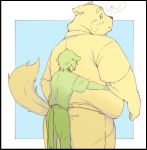  2020 anthro belly blush bottomwear canid canine canis clothing domestic_dog duo hug hugging_from_behind inunoshippo japanese_text kemono male mammal overweight overweight_male pants shirt text topwear 