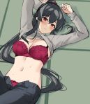  1girl alternate_costume black_hair black_pants blush bra breasts cleavage clothes_lift grey_sweater ichinomiya_(blantte) kantai_collection long_hair lying medium_breasts open_fly panties pants ponytail red_bra red_eyes red_panties scrunchie sidelocks solo sweater sweater_lift tatami underwear undressing yahagi_(kantai_collection) 