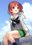  1girl :d artist_name bangs black_legwear black_neckwear blouse blue_sky brown_eyes brown_hair cloud cloudy_sky commentary commission day eyebrows_visible_through_hair girls_und_panzer green_skirt highres long_sleeves looking_to_the_side miniskirt neckerchief nishizumi_miho ooarai_school_uniform open_mouth outdoors pleated_skirt school_uniform serafuku short_hair signature skirt sky smile socks solo sumi_(oyasumie) twitter_username white_blouse 
