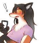  1:1 anthro black_hair blush breasts clothing female from_side hair hi_res holding_object holding_phone kemono long_hair looking_at_viewer mammal open_mouth phone purple_clothing purple_shirt purple_topwear shirt short_sleeves sketch snout solo sookmo topwear upper_body yellow_eyes 