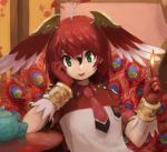  1girl antenna_hair arm_rest arm_support bangs bird_wings bracelet collared_shirt cup fire gloves hair_between_eyes hand_on_own_cheek hands_up head_rest head_wings indoors japari_symbol jewelry kemono_friends leaning_to_the_side looking_at_viewer medium_hair multicolored_hair open_mouth peacock_feathers red_hair rumenia_(ao2is) shirt smile solo suzaku_(kemono_friends) table upper_body upper_teeth white_hair wing_collar wings 