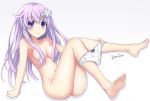  1girl akane_rose artist_name ass barefoot breasts d-pad d-pad_hair_ornament eyebrows_visible_through_hair feet full_body hair_ornament hair_over_breasts highres navel nepgear neptune_(series) nude panties purple_eyes purple_hair shiny shiny_skin soles solo toes underwear undressing 